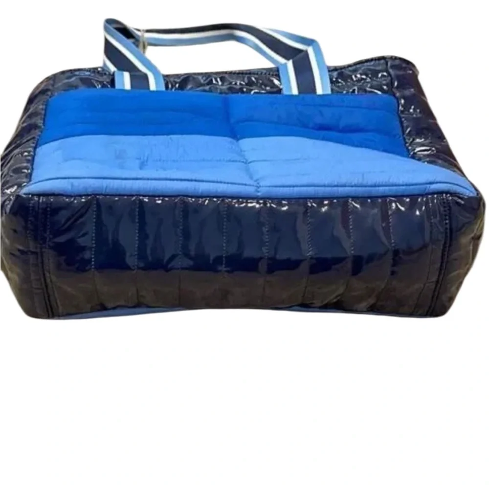 THINK ROYLN Blue Quilted Tote with Striped Strap and Matching Pouch